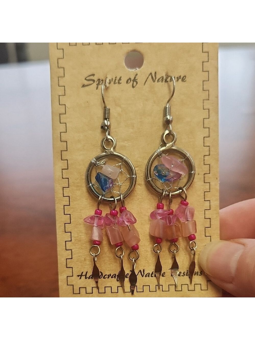 Spirit of Nature Dangle Earrings Dreamcatcher With Pink And Blue Stones